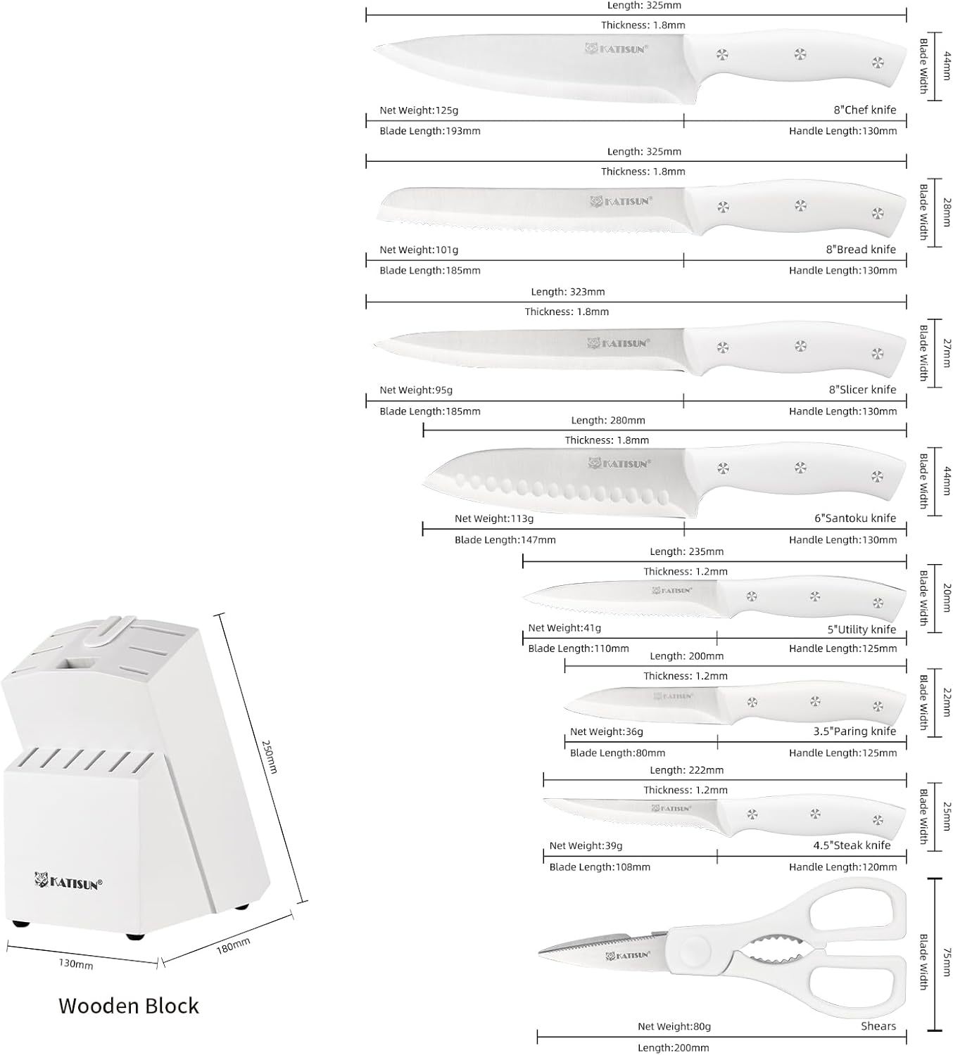 High Carbon Stainless Steel White Kitchen Knife Set
