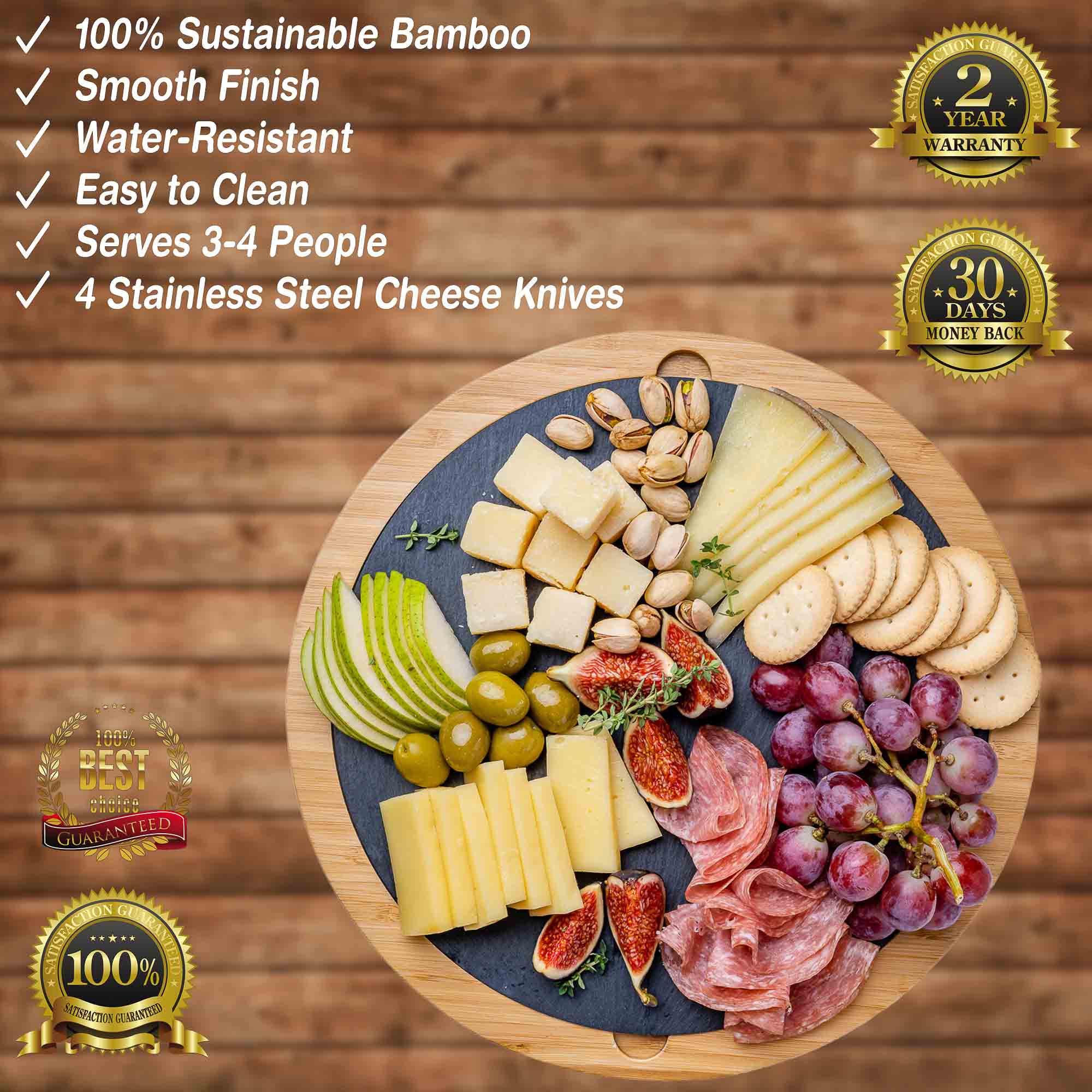 12 Inch Round Bamboo Charcuterie Set and Removable Slate