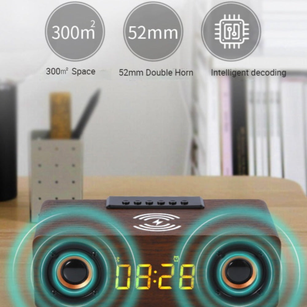 Amazing 4-in-1 Wooden Retro Wireless Charger / Bluetooth Speaker / Alarm Clock / Radio