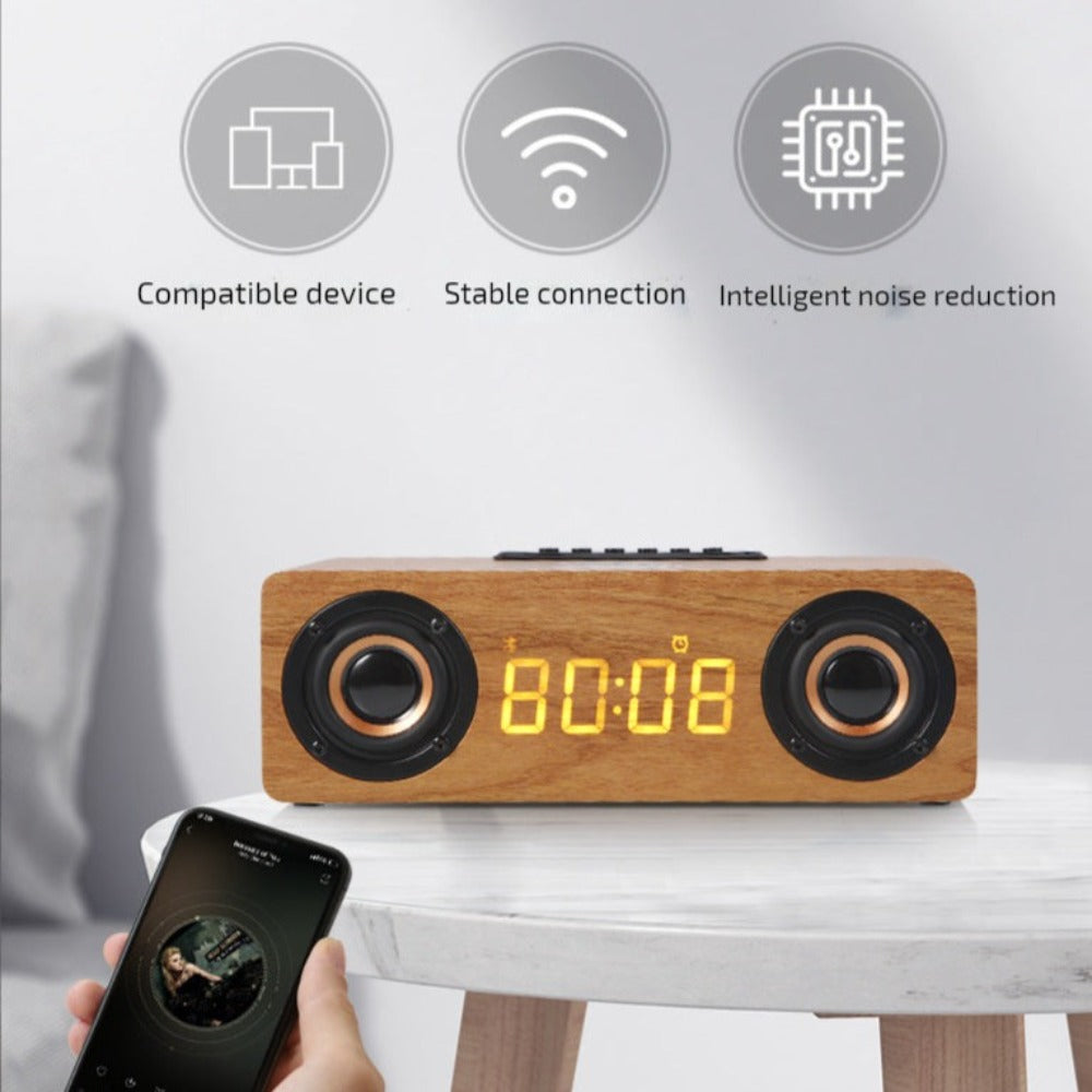 Amazing 4-in-1 Wooden Retro Wireless Charger / Bluetooth Speaker / Alarm Clock / Radio