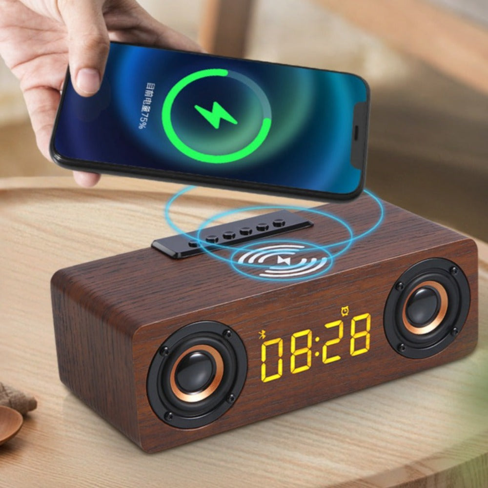 Amazing 4-in-1 Wooden Retro Wireless Charger / Bluetooth Speaker / Alarm Clock / Radio