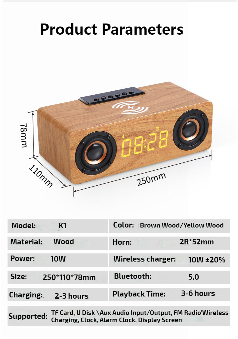 Amazing 4-in-1 Wooden Retro Wireless Charger / Bluetooth Speaker / Alarm Clock / Radio