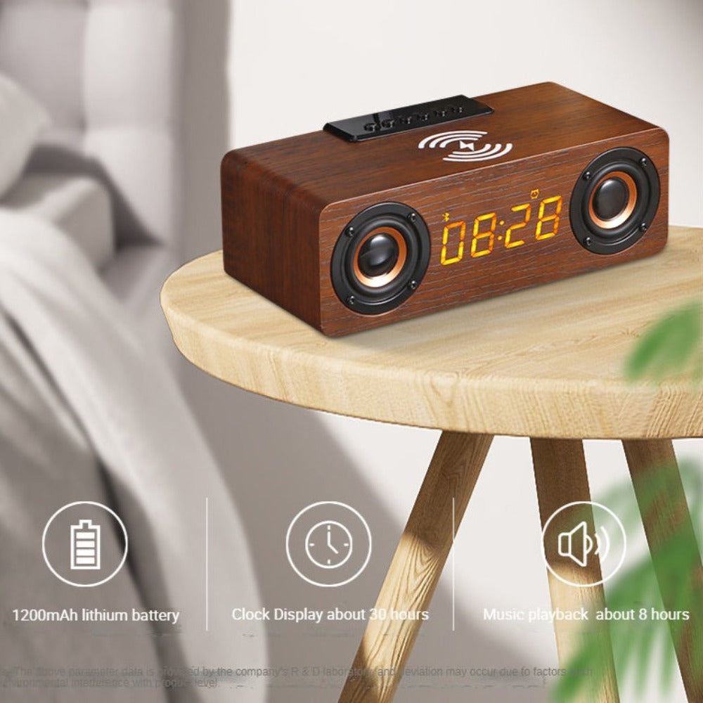 Amazing 4-in-1 Wooden Retro Wireless Charger / Bluetooth Speaker / Alarm Clock / Radio