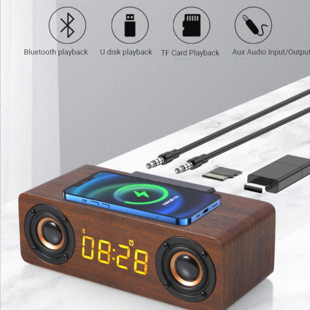 Amazing 4-in-1 Wooden Retro Wireless Charger / Bluetooth Speaker / Alarm Clock / Radio