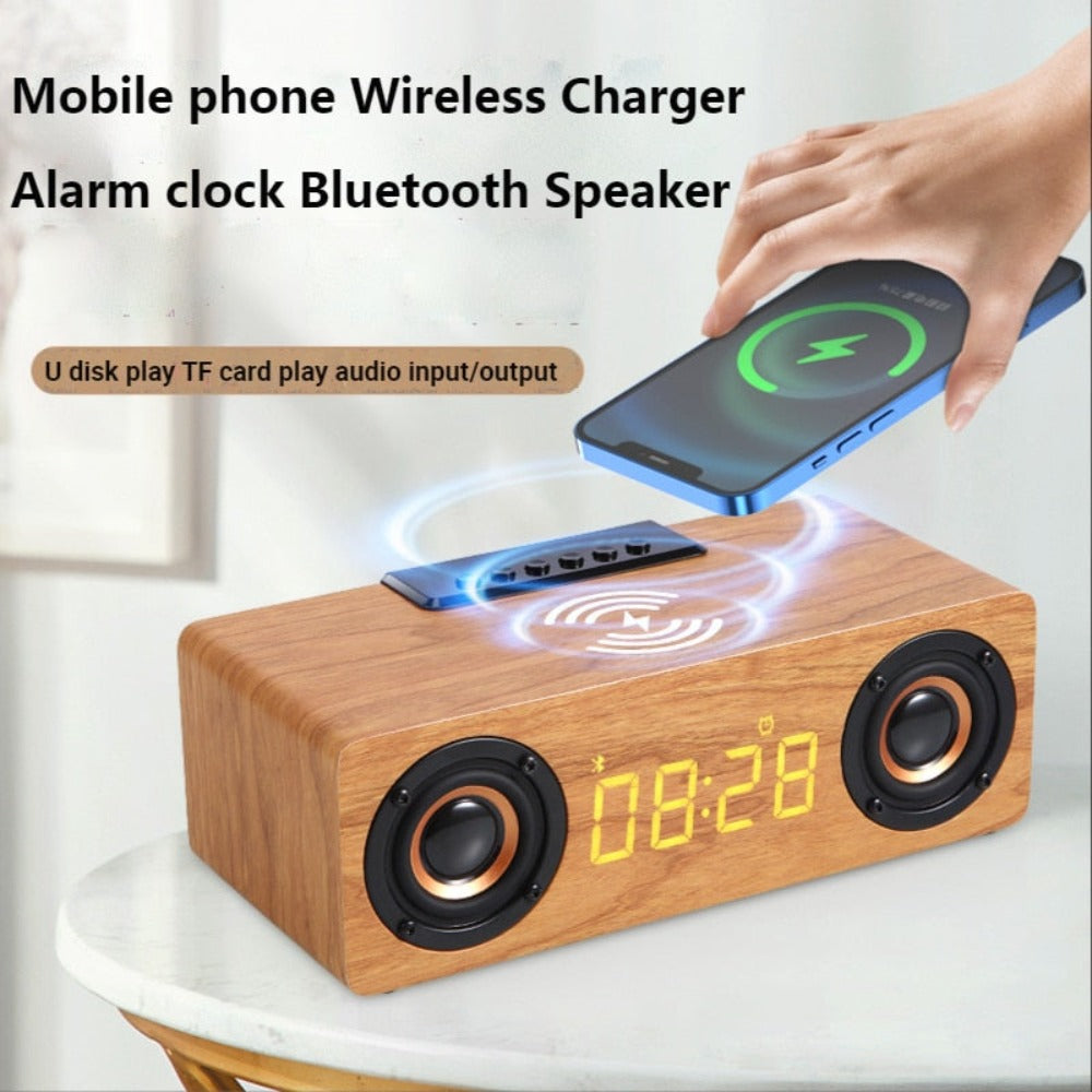 Amazing 4-in-1 Wooden Retro Wireless Charger / Bluetooth Speaker / Alarm Clock / Radio