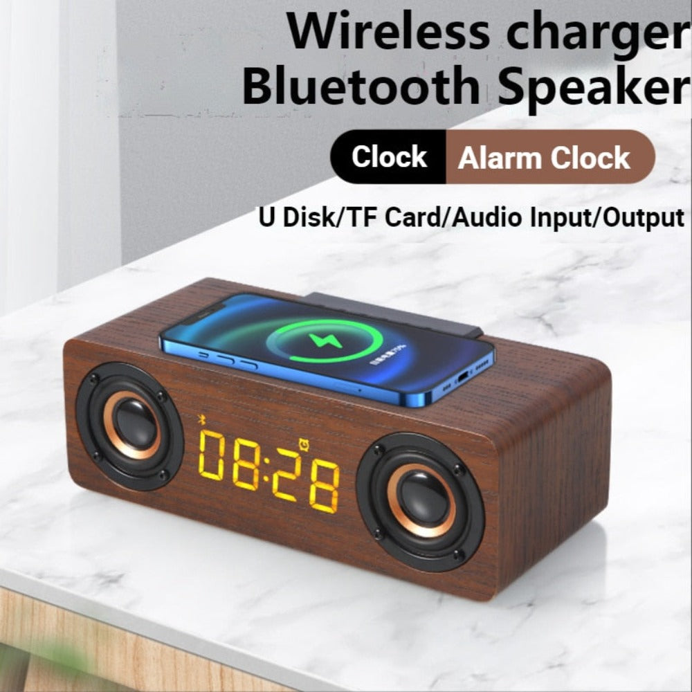 Amazing 4-in-1 Wooden Retro Wireless Charger / Bluetooth Speaker / Alarm Clock / Radio