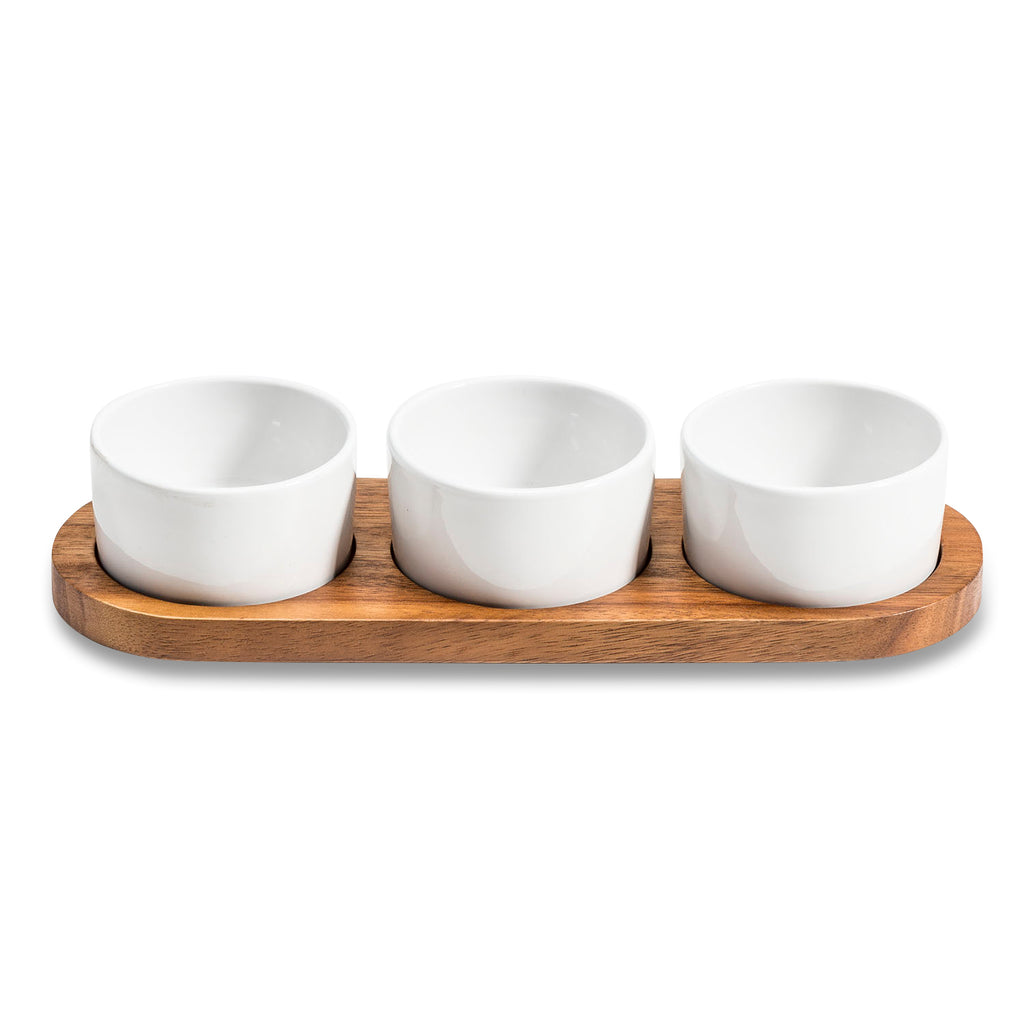 White Ceramic Condiment Set on Acacia Wood Base