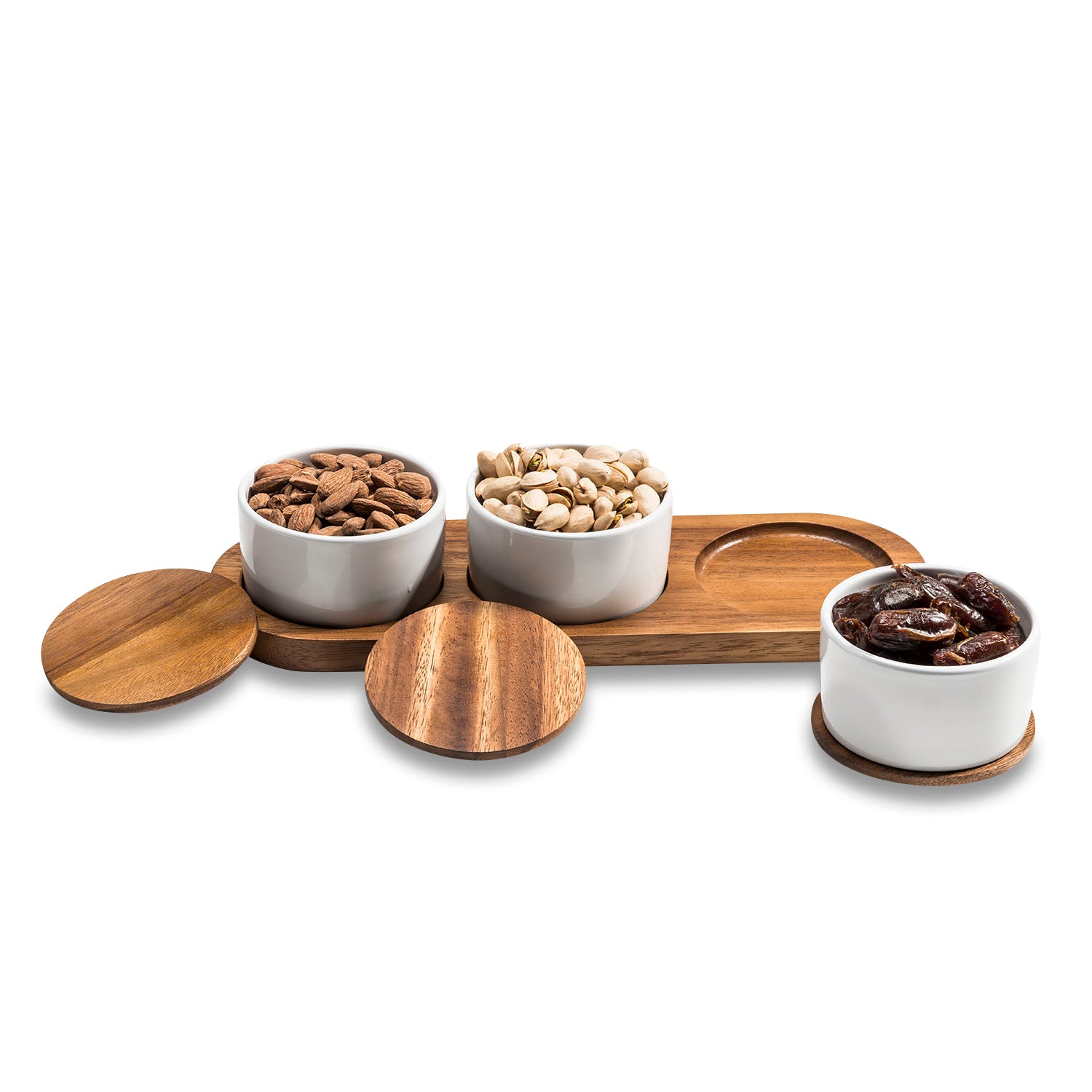 White Ceramic Condiment Set on Acacia Wood Base
