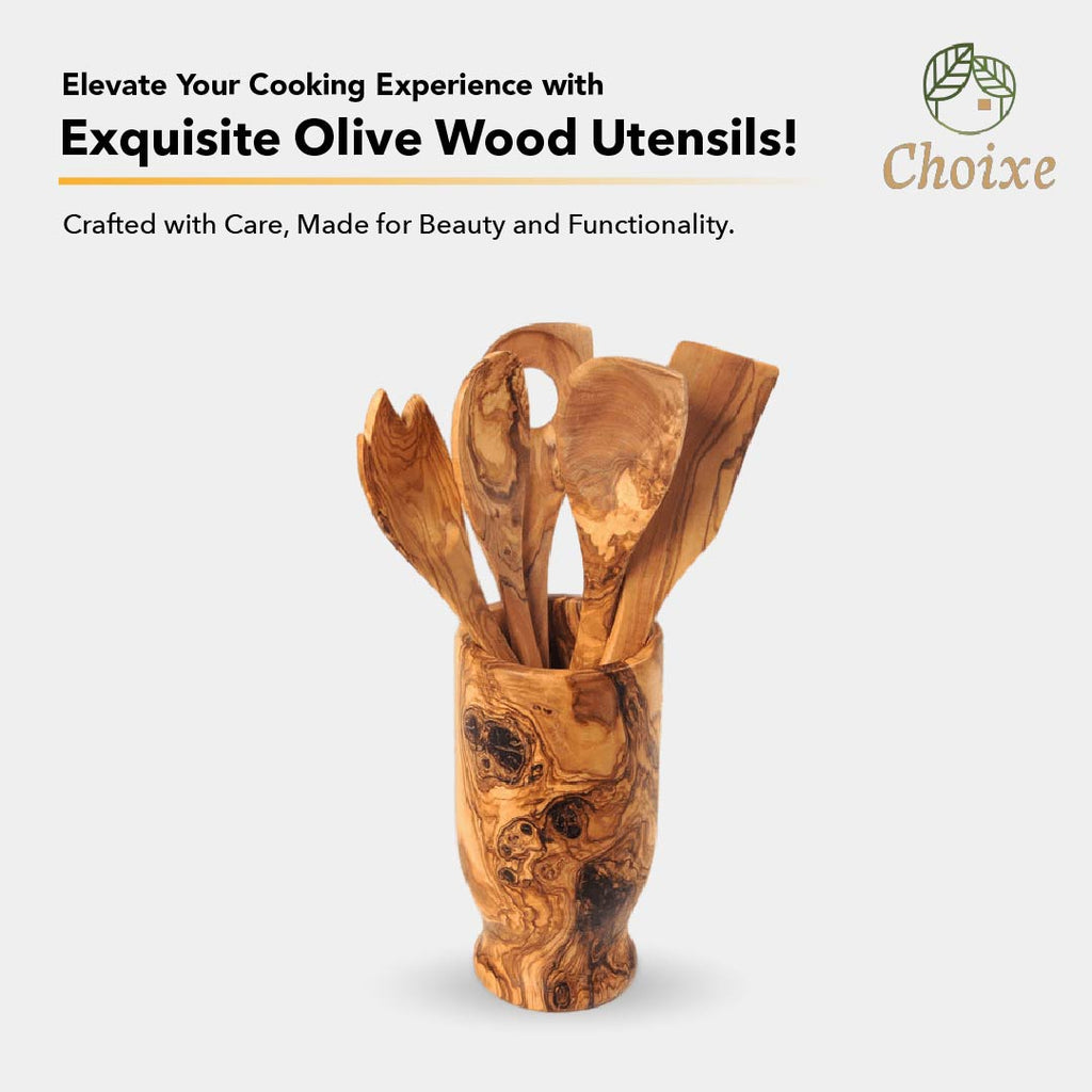 Olive Wood Kitchen Servers Set w/Holder - 6 Pcs