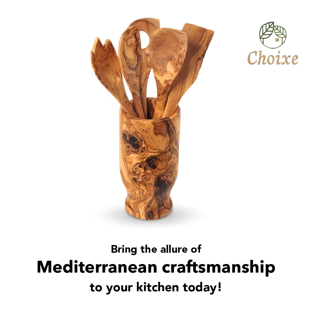 Olive Wood Kitchen Servers Set w/Holder - 6 Pcs