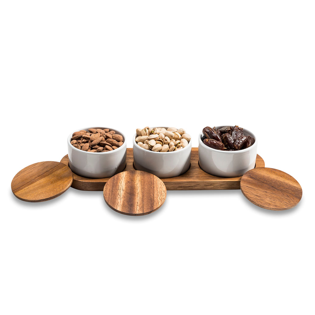 White Ceramic Condiment Set on Acacia Wood Base