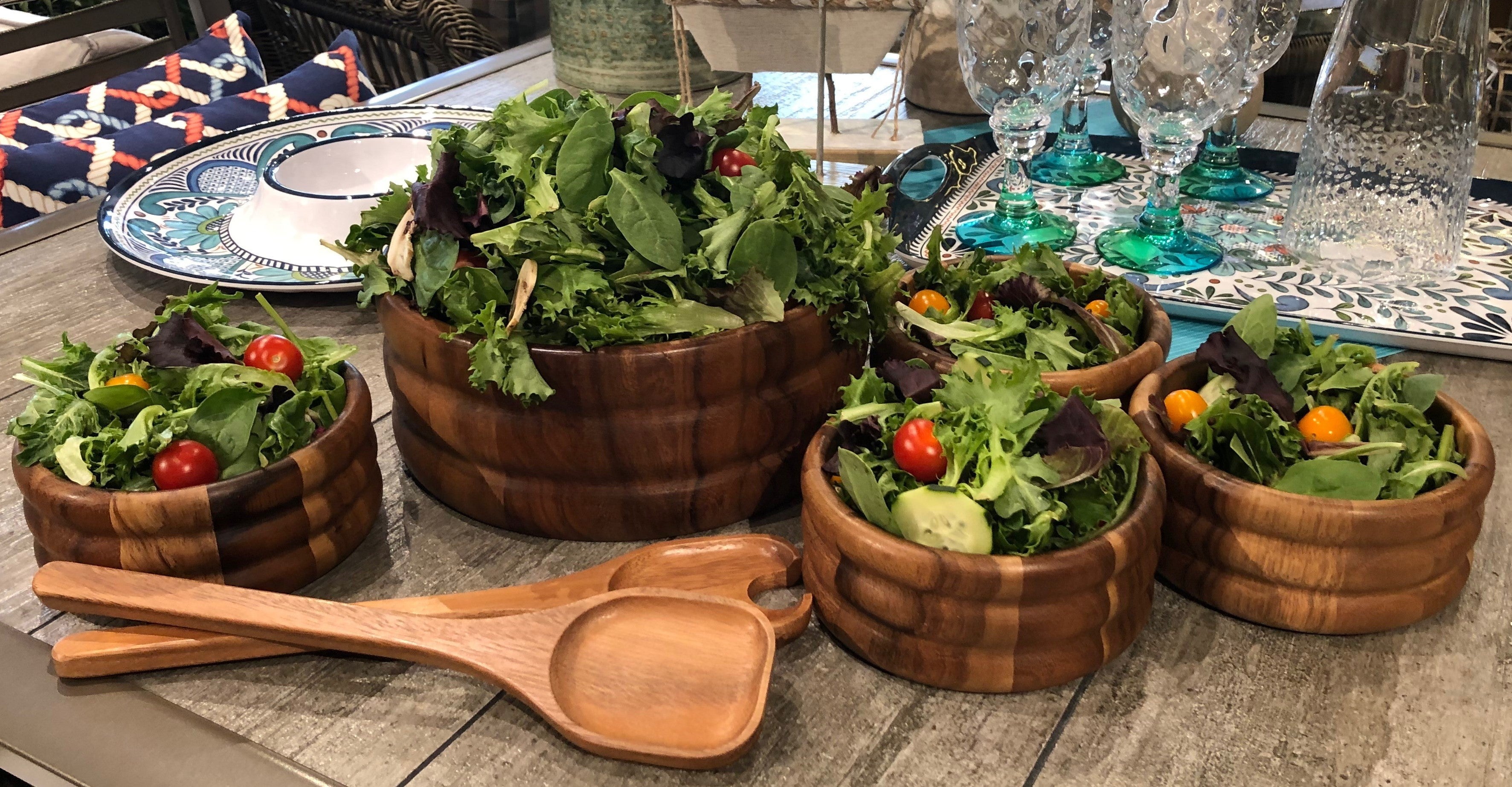 7 Piece - Extra Large Acacia Wood Salad Bowl Set with Servers