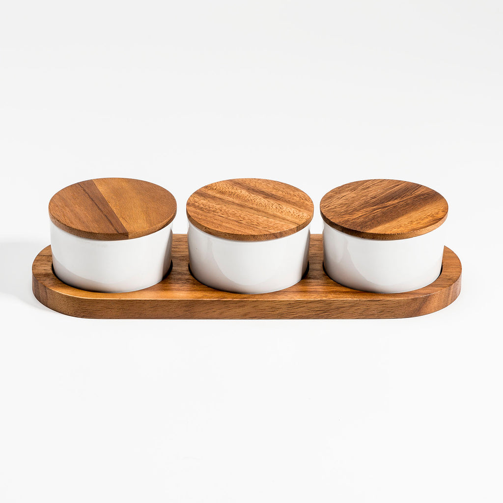 White Ceramic Condiment Set on Acacia Wood Base