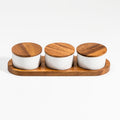 White Ceramic Condiment Set on Acacia Wood Base
