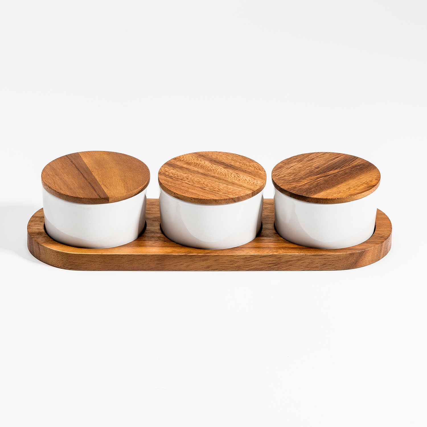 White Ceramic Condiment Set on Acacia Wood Base