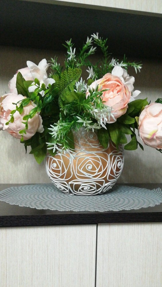Handpainted Glass Vase for Flowers | Painted Orange Art Glass Round Va