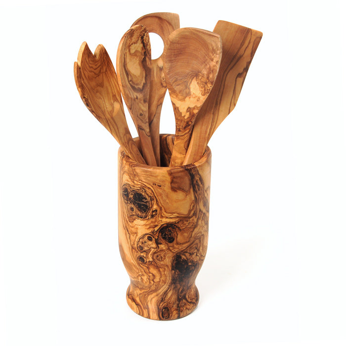 Olive Wood Kitchen Servers Set w/Holder - 6 Pcs
